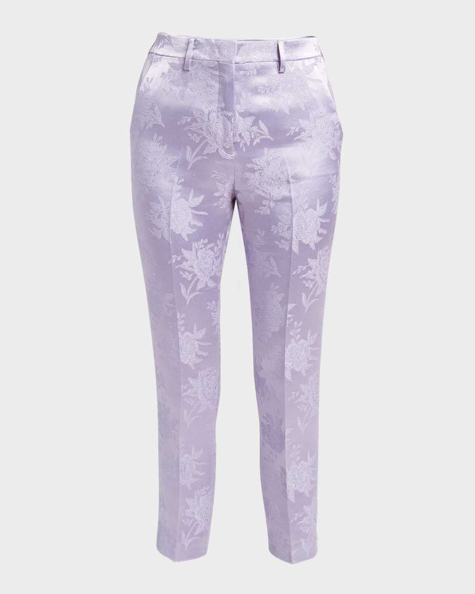 Mid-Rise Fluid Floral Brocade Skinny-Leg Ankle Trousers